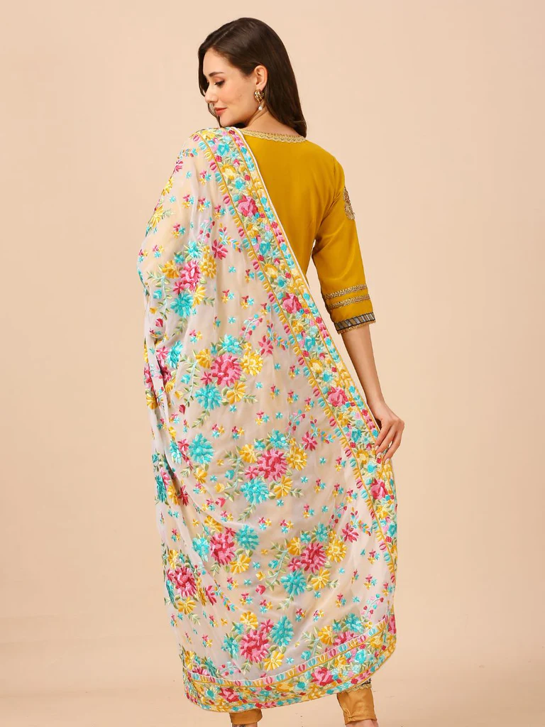 Floral Embroidered White & Multi Georgette Dupatta - Image 8