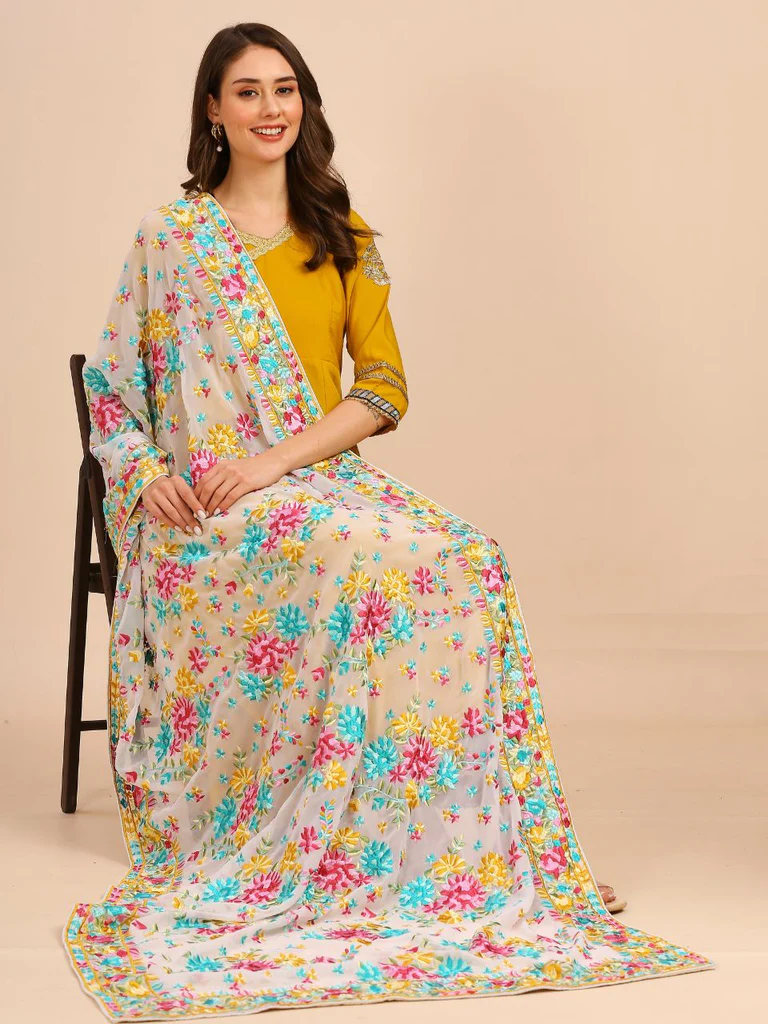 Floral Embroidered White & Multi Georgette Dupatta - Image 7