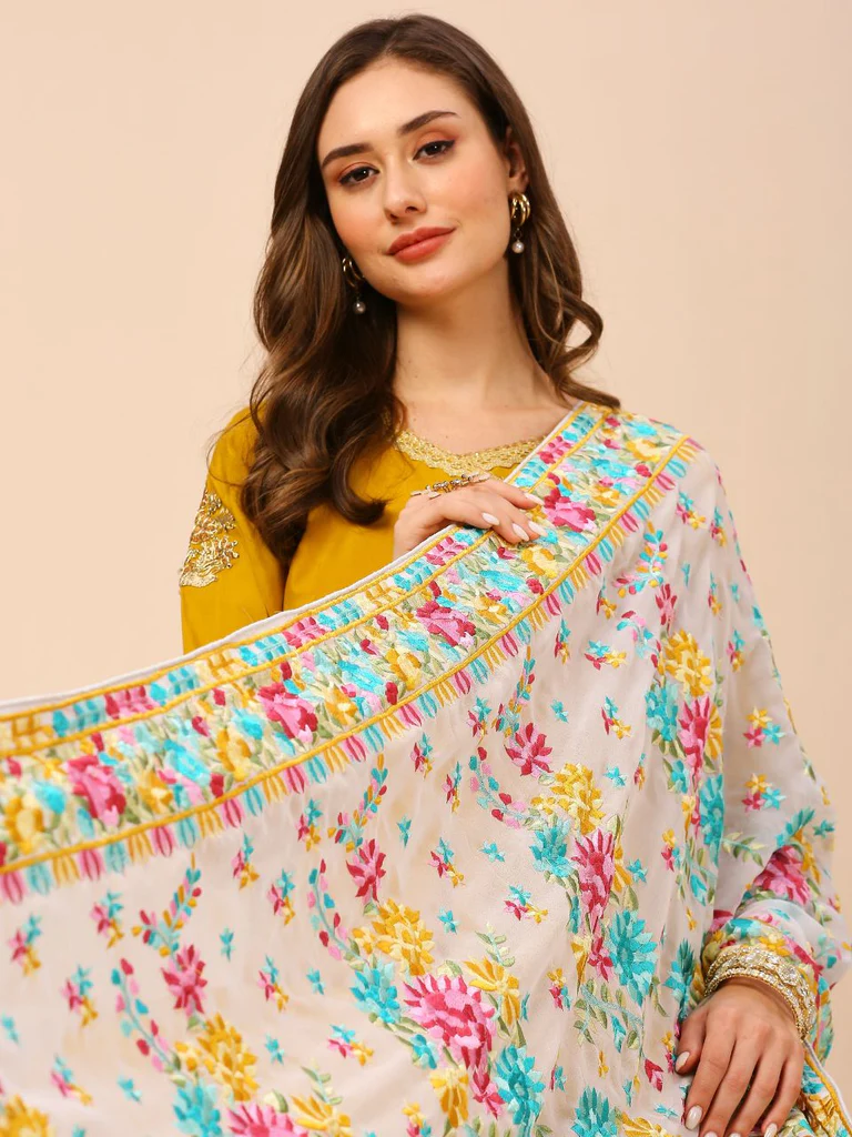 Floral Embroidered White & Multi Georgette Dupatta - Image 6