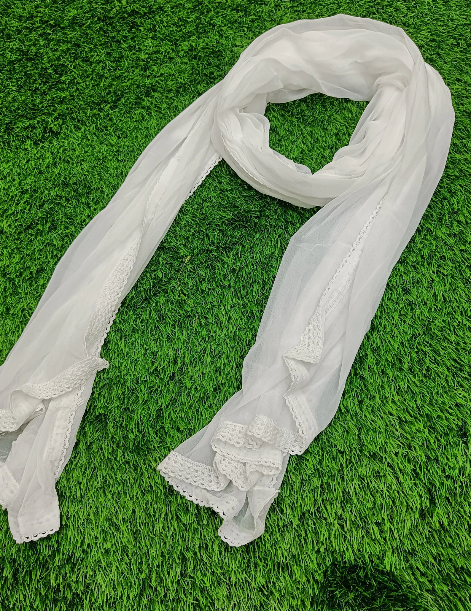 Plain White Chiffon Dupatta With Crochet lace Border - Image 6